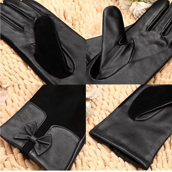 MaxW Women’s Black Sheepskin Leather & Faux Suede Bow Gloves Size Small - Picture 8 of 11